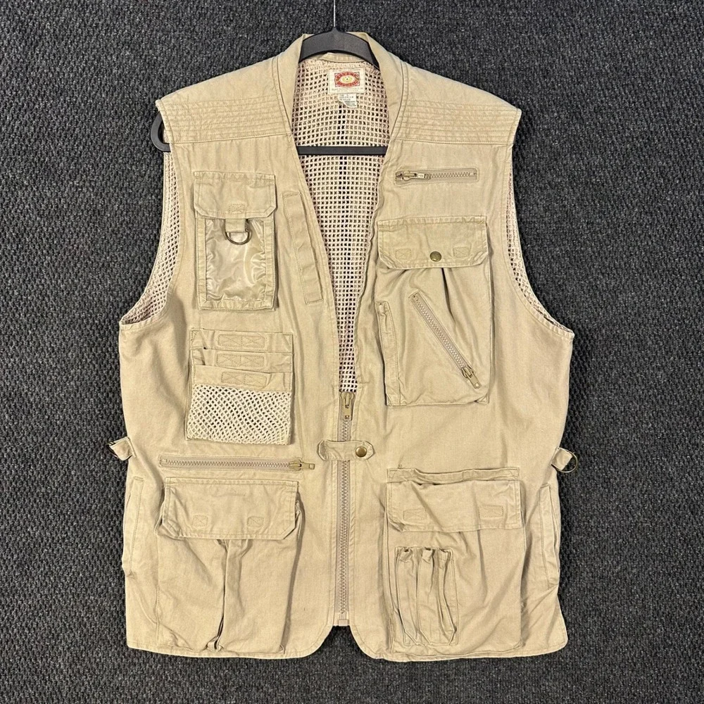 Vintage Banana Republic Safari Fishing Vest Mens L Tan Cotton Mesh Multi-Pocket